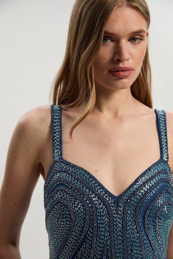 Karen Millen UK SALE Beaded Contour Sweet Heart Neckline Woven Maxi Dress - blue