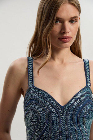 Karen Millen UK SALE Beaded Contour Sweet Heart Neckline Woven Maxi Dress - blue