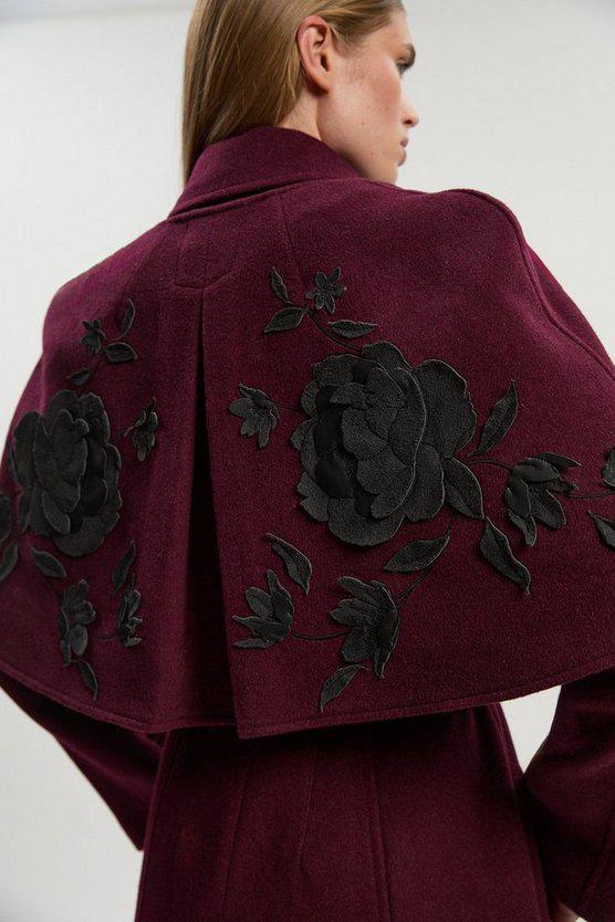 Karen Millen UK SALE Brushed Wool Pu Mix Placed Floral Embroidery Applique Tailored Cape Full Skirted Midi Coat - burgundy