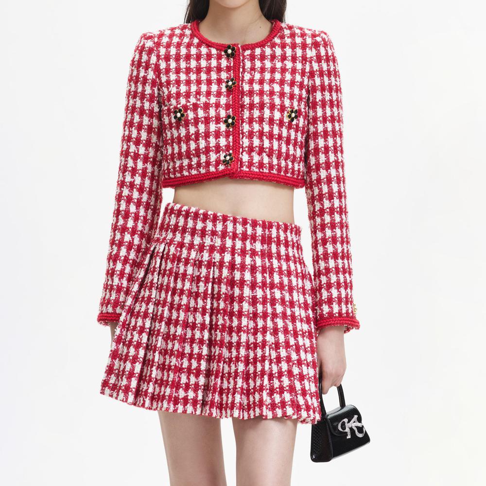 SELF PORTRAIT BLACK FRIDAY SALE Red Check Boucle Pleated Mini Skirt