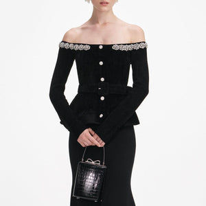 SP VIP PRICE Black Chenille Knit Crystal Trim Midi Dress
