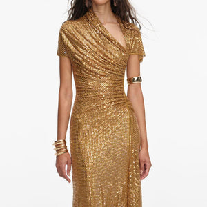 SP VIP PRICE Gold Rhinestone Drape Midi Dress