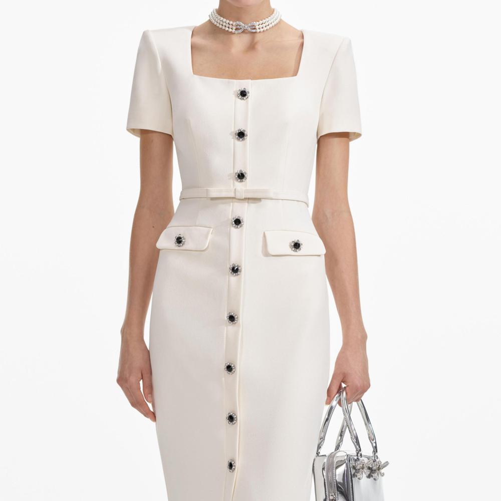 SELF PORTRAIT SS24 Cream Crepe Button Midi Dress