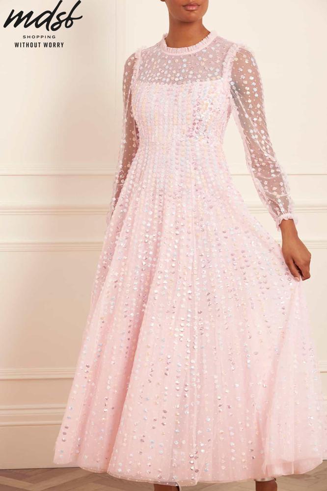 Needle & Thread CHRISTMAS SALE Raindrop Long Sleeve Ankle Gown - pink