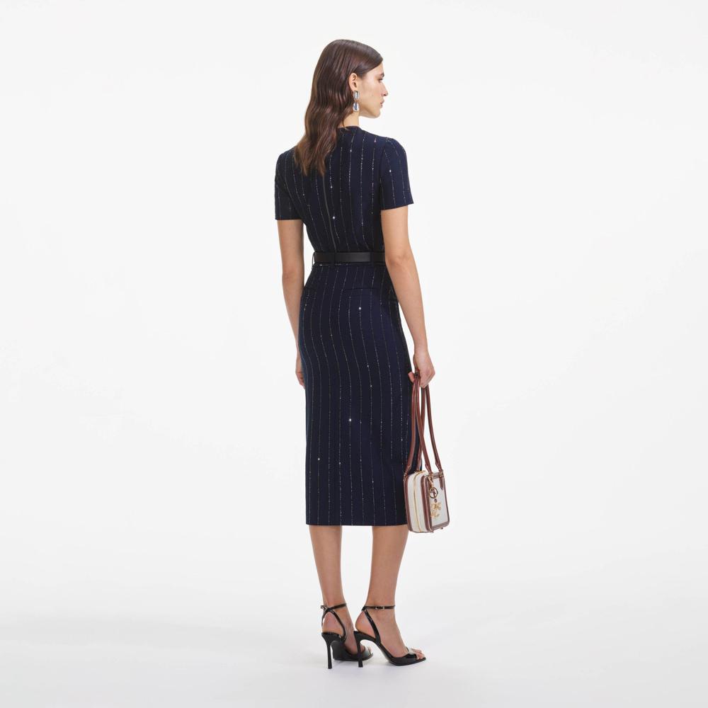 SELF PORTRAIT SS25 VIP PRICE Navy Rhinestone Pinstripe Midi Skirt
