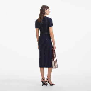 SELF PORTRAIT SS25 VIP PRICE Navy Rhinestone Pinstripe Midi Skirt