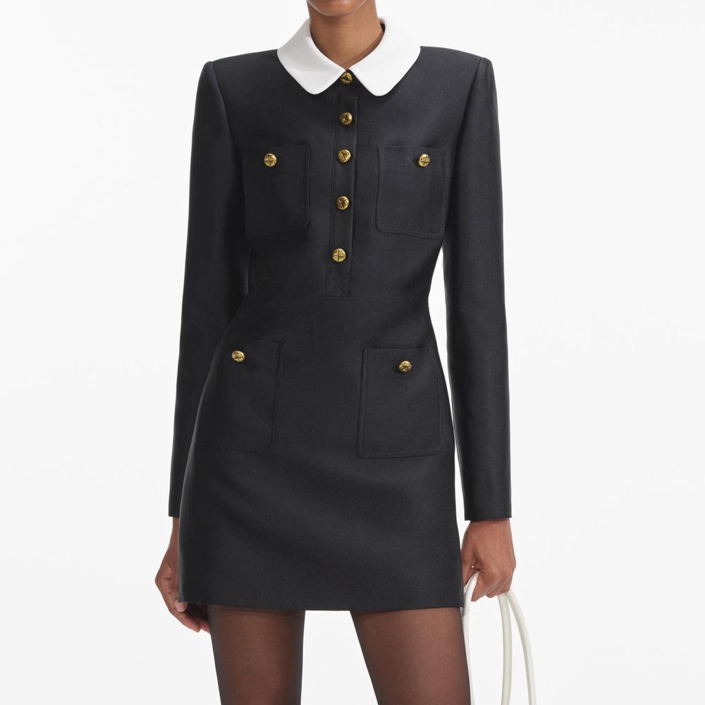 SELF PORTRAIT SS24 Black Taffeta Contrast Collar Mini Dress