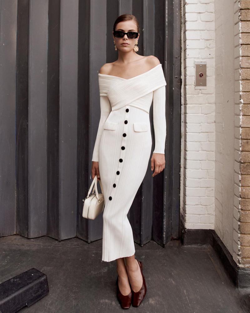 SELF PORTRAIT SS24 Cream Off Shoulder Knit Midi Dress