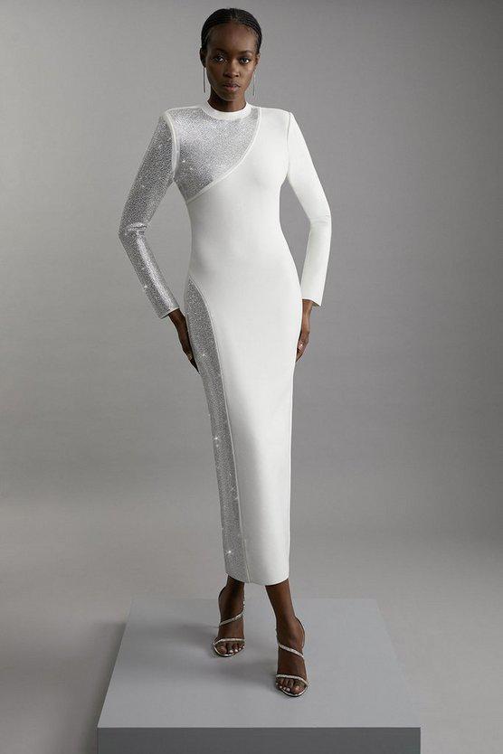 Karen Millen UK SALE Figure Form Bandage Asymmetric Embellished Maxi Dress - ivory