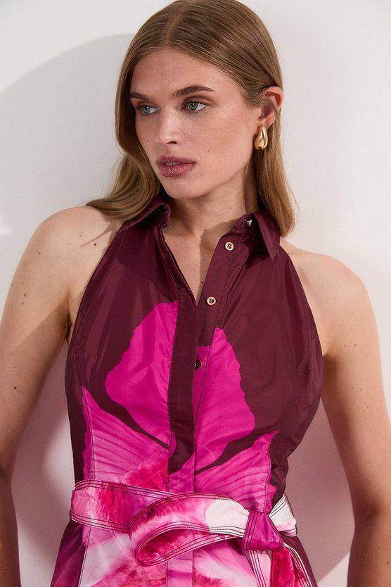 Karen Millen UK SALE Placed Floral Taffeta Belted Woven Maxi Shirt Dress