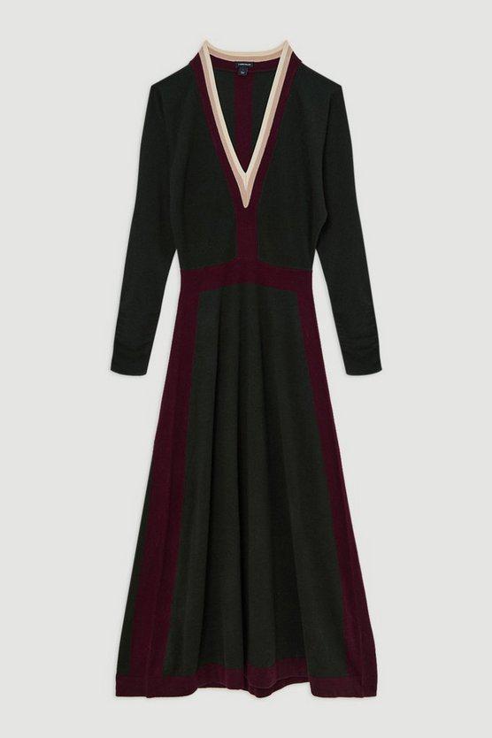 Karen Millen UK SALE Wool Blend With Cashmere V Neck Colour Block Dress - olive