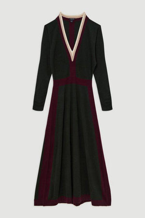 Karen Millen UK SALE Wool Blend With Cashmere V Neck Colour Block Dress - olive
