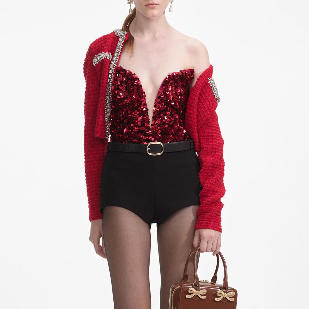 SELF PORTRAIT SS24 Red 3D Sequin Top