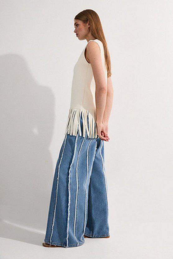 Karen Millen UK SALE Petite Denim Tassel Detail Wide Leg Jeans