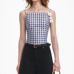 SP VIP PRICE Navy Gingham Taffeta Top