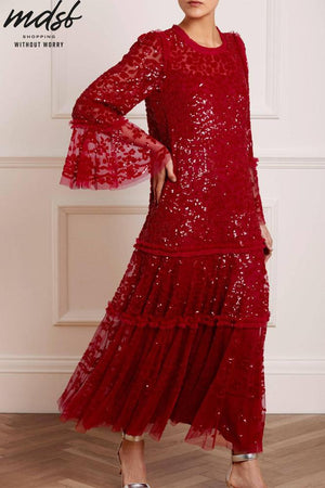 Needle & Thread CHRISTMAS SALE Annie Sequin Tiered Ankle Gown - red