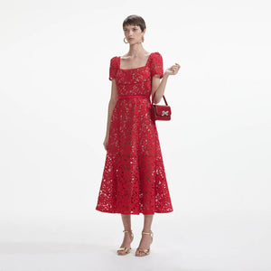 SELF PORTRAIT SS24 Red Floral Lace Midi Dress