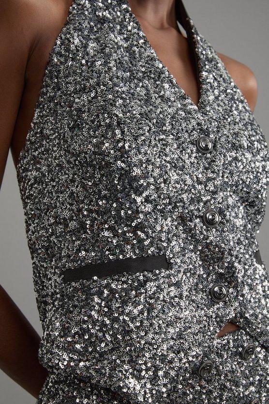 Karen Millen UK SALE Sequin Halter Neck Waistcoat - gun metal