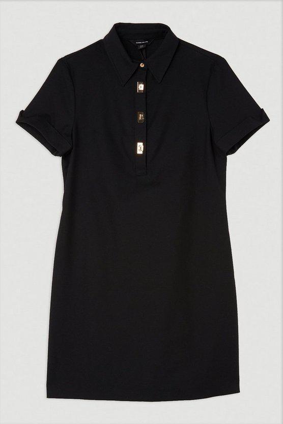 Karen Millen UK SALE Tall Techno Cotton Woven Short Dress With Gold Clasps