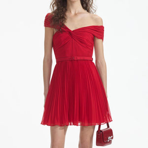 SELF PORTRAIT SS24 Red Off Shoulder Chiffon Mini Dress