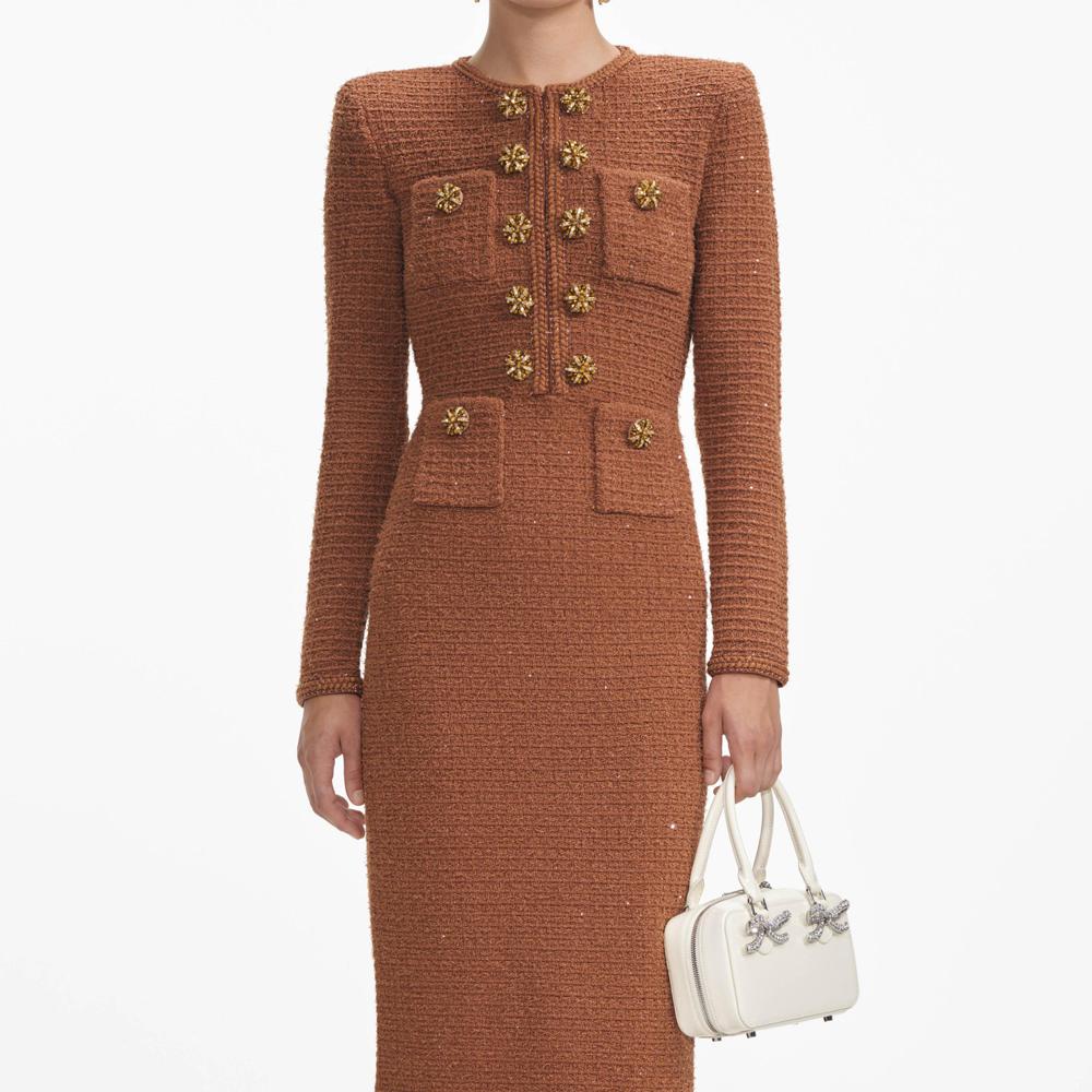 SELF PORTRAIT SS24 Brown Textured Knit Midi Dress