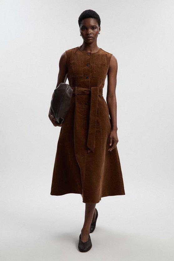 Karen Millen UK SALE Stretch Cord Belted Midi Dress - tan