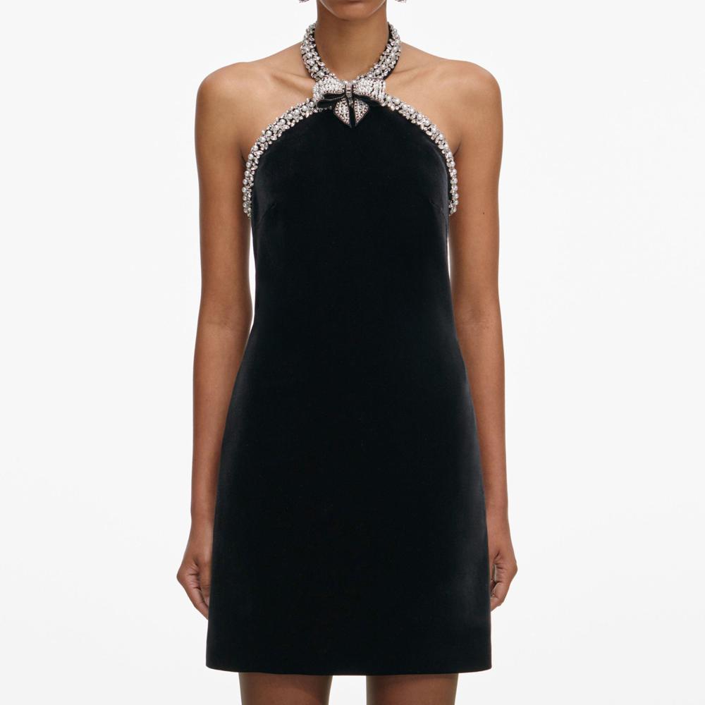 SP VIP PRICE Black Velvet Crystal Trim Mini Dress