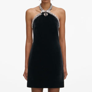 SP VIP PRICE Black Velvet Crystal Trim Mini Dress