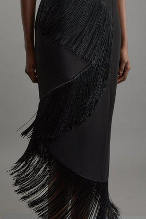 Karen Millen UK SALE Fringe Tassel Drape Tailored Pencil Midi Dress