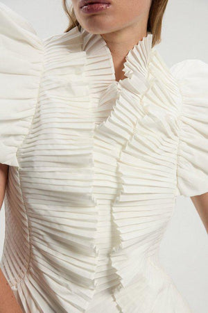 Karen Millen UK SALE Pleated Ruffle Sleeve Woven Top - ivory