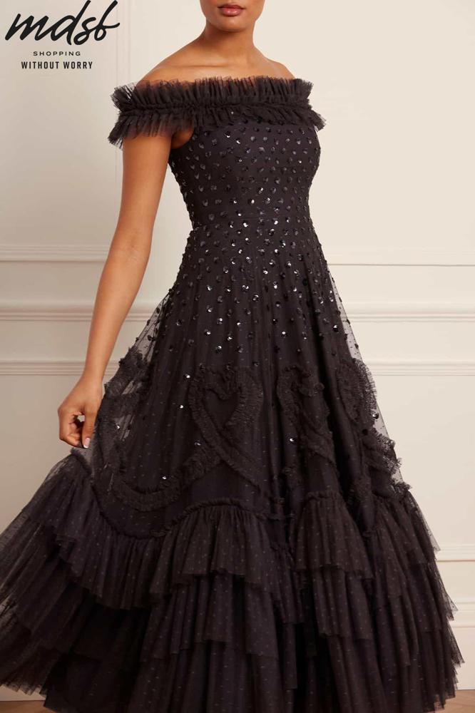 Needle & Thread CHRISTMAS SALE Love Letter Off-Shoulder Ankle Gown - black