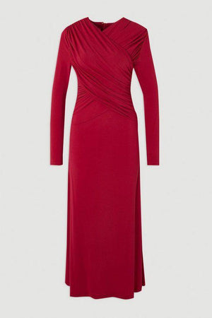 Karen Millen UK SALE Ruched Jersey Crepe Midi Dress - raspberry