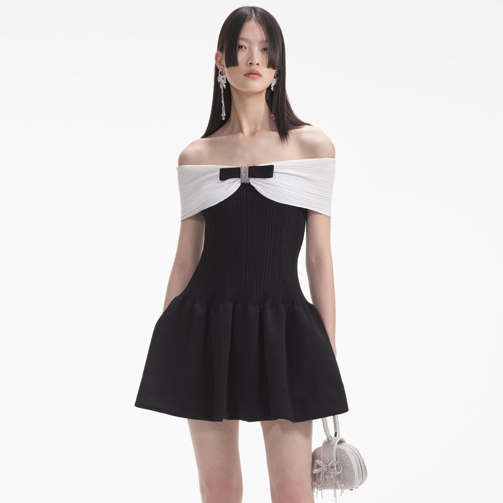 SELF PORTRAIT SS24 Black Knit Bow Mini Dress