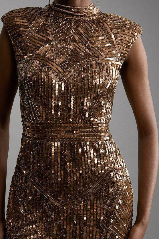 Karen Millen UK SALE Embellished Sequin And Beaded Strong Shoulder Mini Dress - gold