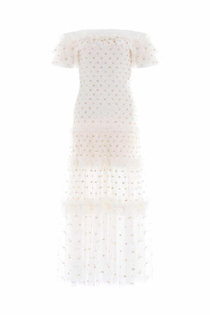 Needle & Thread CYBER SALE Polka Dot Smocked Ankle Gown - champagne