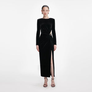 SP VIP PRICE Black Velvet Embellished Midi Dress