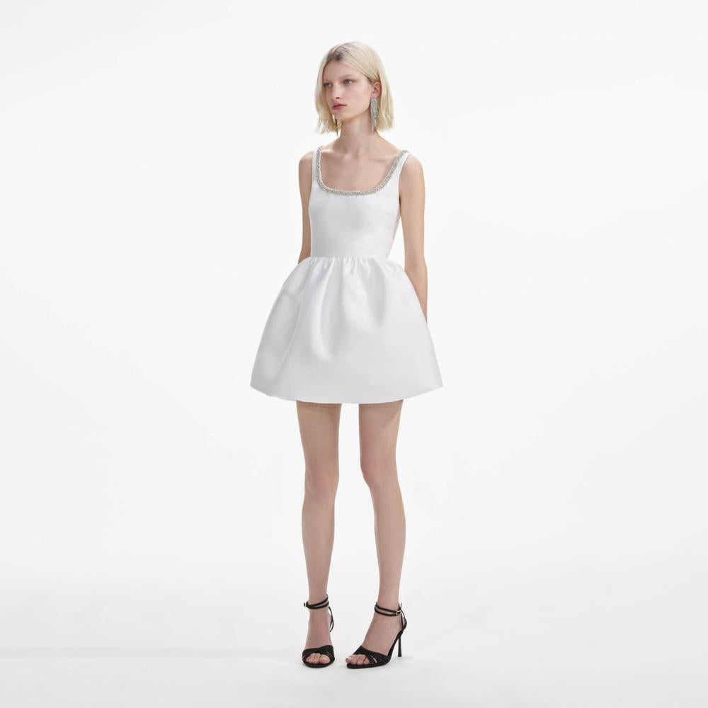 SELF PORTRAIT SS24 White Taffeta Diamante Mini Dress