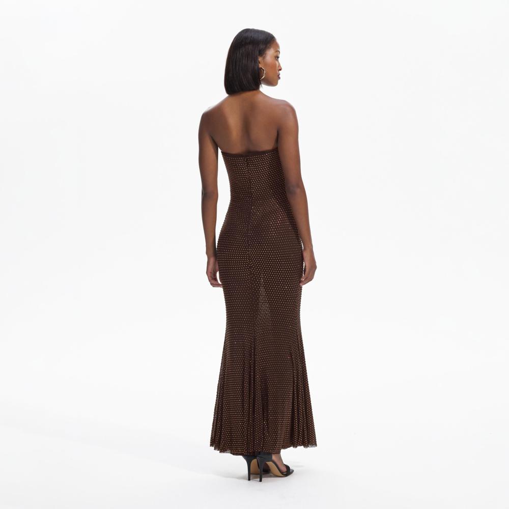 SELF PORTRAIT BLACK FRIDAY SALE Brown Rhinestone Mesh Maxi Dress