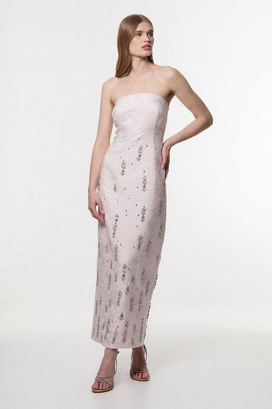 Karen Millen UK SALE Texture Jacquard Crystal Embellished Strapless Mini Dress - pink