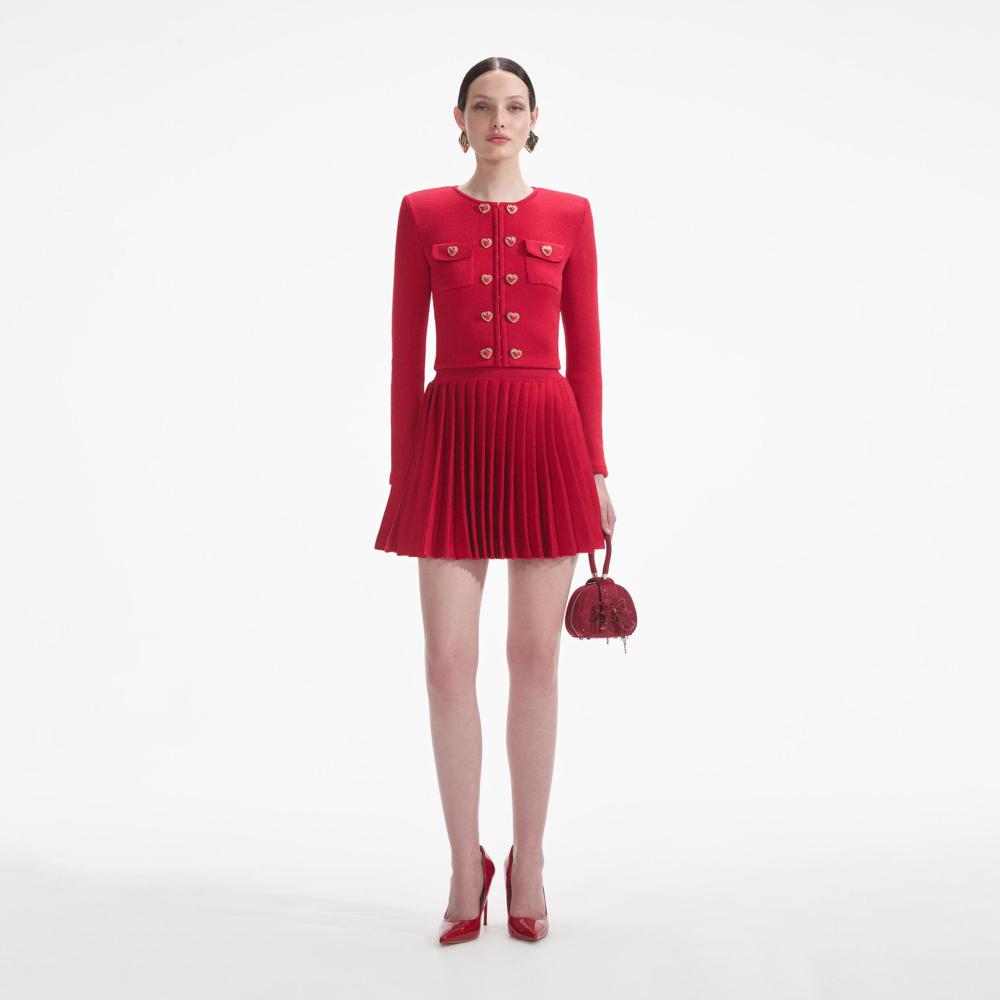 SELF PORTRAIT SS24 Red Pleated Knit Mini Skirt