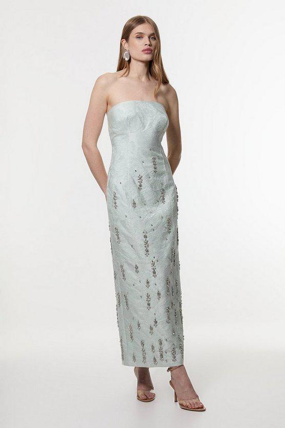Karen Millen UK SALE Texture Jacquard Crystal Embellished Strapless Mini Dress - sage
