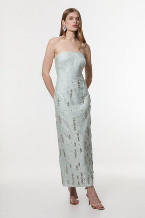 Karen Millen UK SALE Texture Jacquard Crystal Embellished Strapless Mini Dress - sage