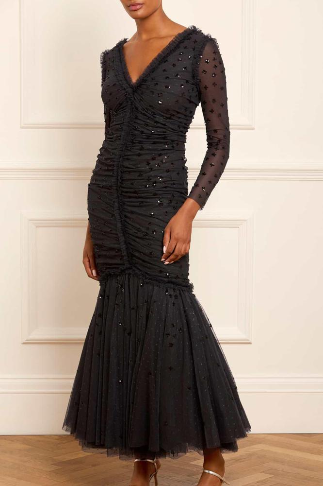 Needle & Thread CYBER SALE Scatter Sequin Long Sleeve Ankle Gown - black