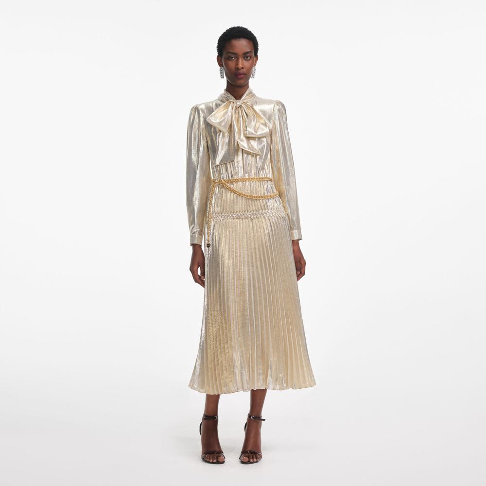 SP VIP PRICE Gold Metallic Tie Neck Midi Dress