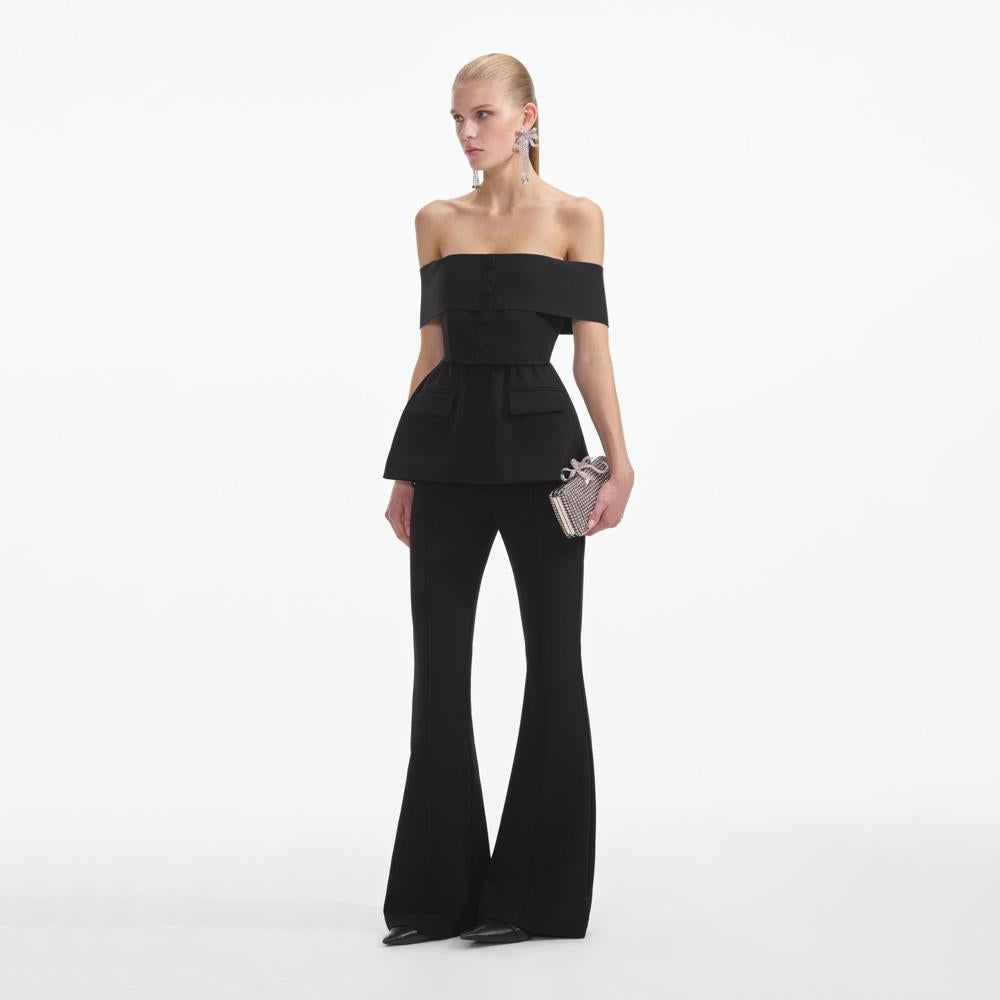 SELF PORTRAIT SS24 Black Crepe Off Shoulder Jumpsuit