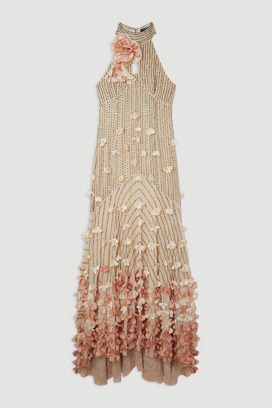 Karen Millen UK SALE Floral Applique Crystal Embellished Woven Maxi Rosette Maxi Dress - gold