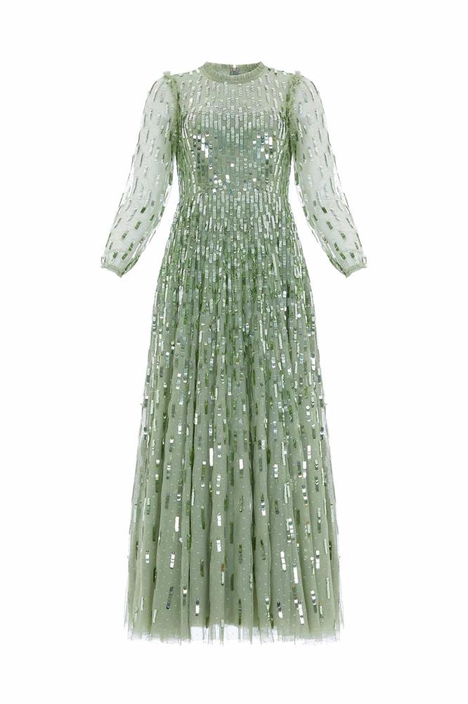 Needle & Thread SPRING/SUMMER Sequin Dash Long Sleeve Ankle Gown - green