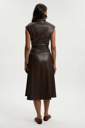Karen Millen UK SALE Faux Leather Belted Midi Dress - chocolate