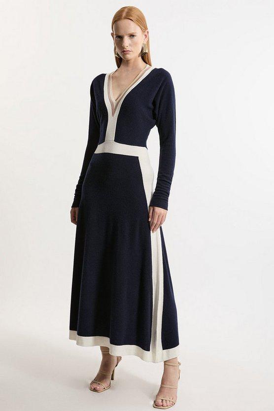 Karen Millen UK SALE Wool Blend With Cashmere V Neck Colour Block Dress - navy