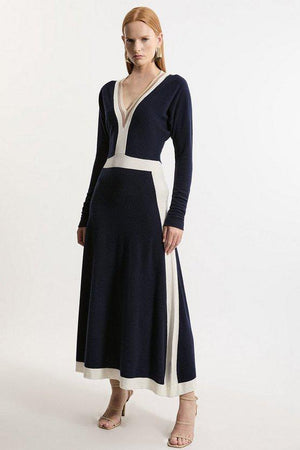 Karen Millen UK SALE Wool Blend With Cashmere V Neck Colour Block Dress - navy